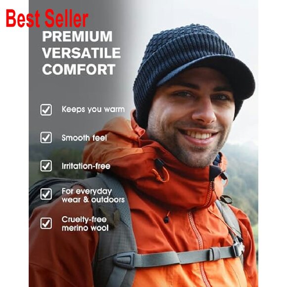 Merino Wool Beanie with Visor Bill Cable Knit Newsboy Hat Winter Warm - Picture 5 of 8